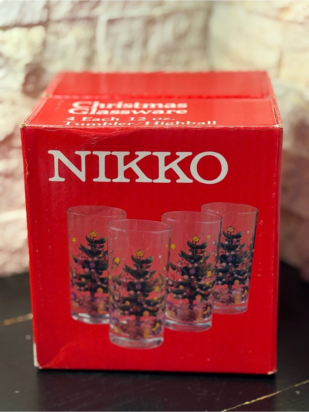 Nikko Christmas Tree Glasses 12oz Highball Tumbler Set Of 4 In Box Vintage